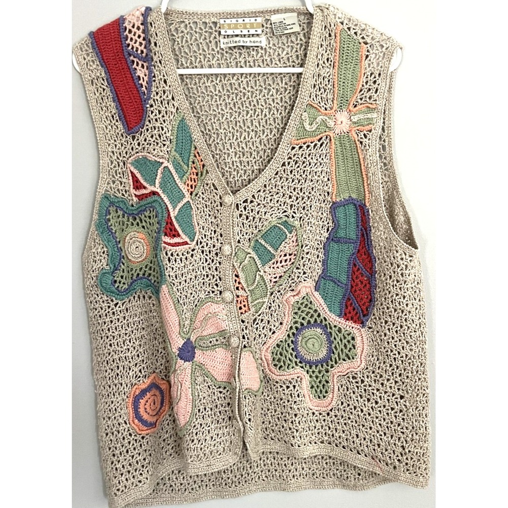 Sigrid Olsen Sport Sweater Vest Womens Large Knit Floral‎ Boho Crochet Linen